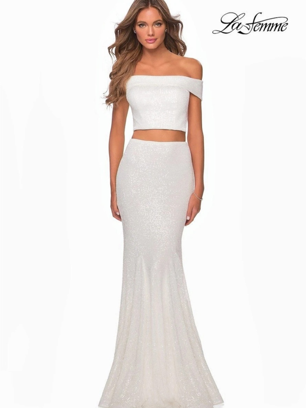 NWT La Femme 28425 Size 2 or 6 White Sequined Off-Shoulder Two Piece Dress